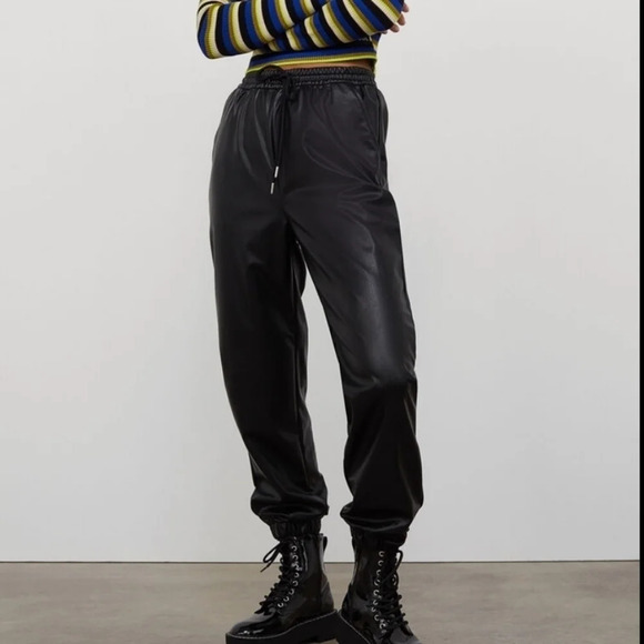 H&M Divided high rise elastic waist faux leather black jogger draw string size 8 - Picture 2 of 13